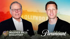 El director ejecutivo de Warner Bros. Discovery, David Zaslav, y el director ejecutivo de Paramount, David Ellison (Crédito: Getty Images/Christopher Smith para The Wrap)