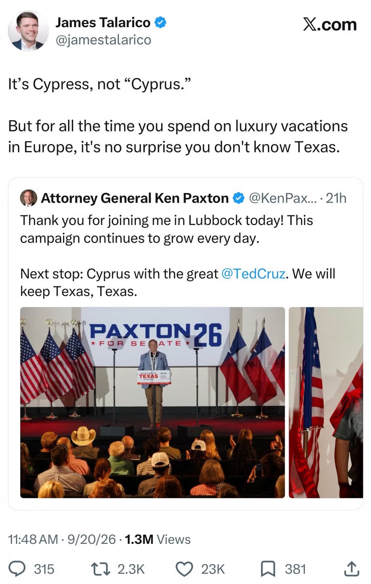 Ken Paxton avergonzado por escribir mal la ciudad por la que hacía campaña